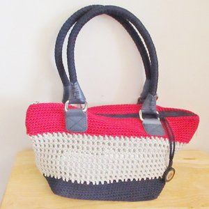 The Sak Crochet Satchel Handbag, Red Blue Cream, Silver Underlay, Double Handles